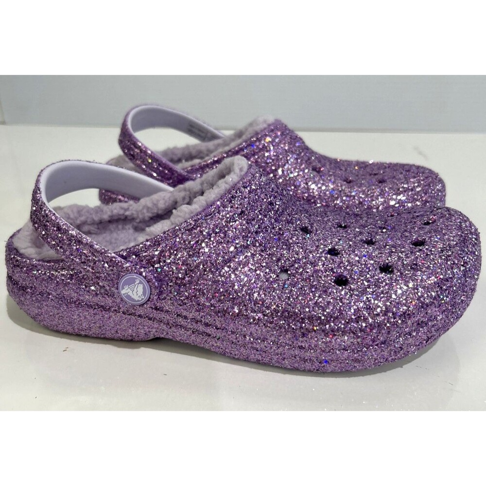 Crocs Classic Lined Chunky Glitter Clog Purple Fleece Lined  Big Kids J 5